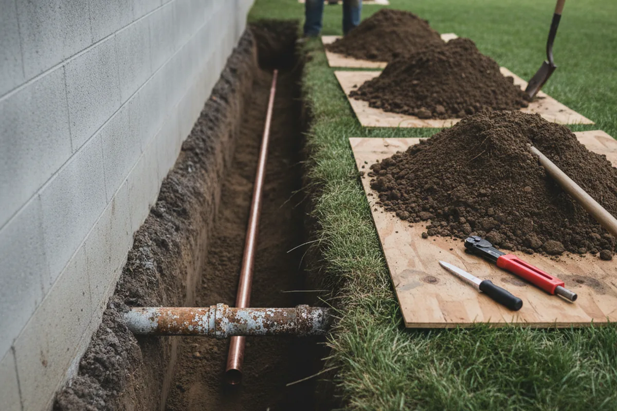 Excavated water line trench during Water Softener Installation in Bureau